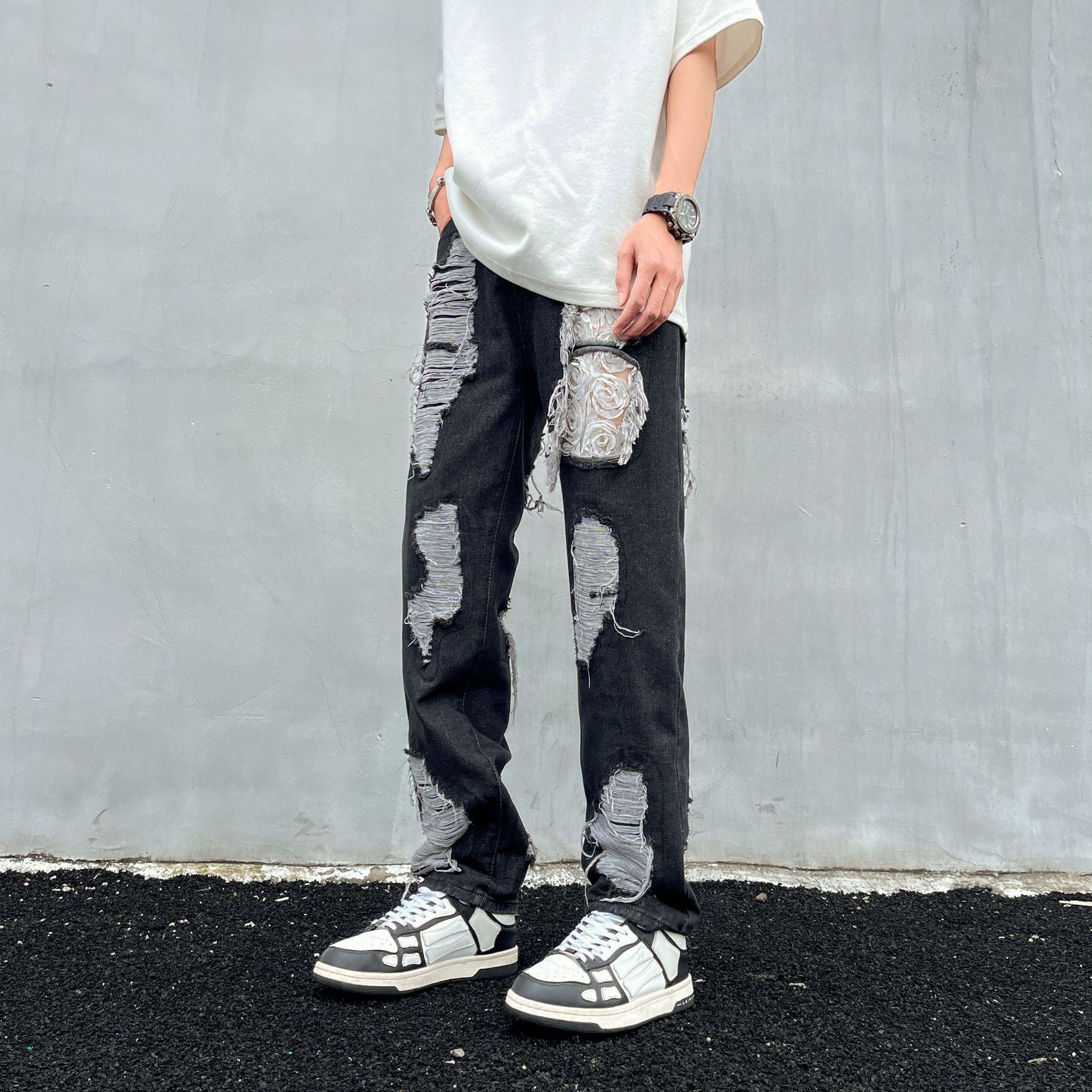 Tie-Dye Ripped Jeans For Men And Women American High Street Vintage Washed Slim Fit Flared Pants_mkmklike.com