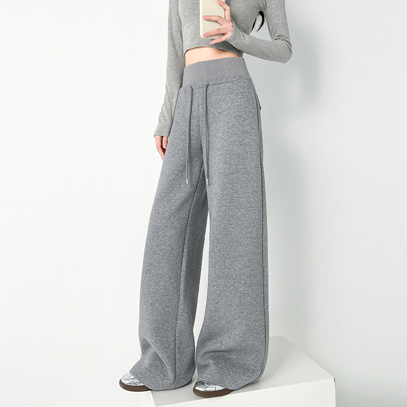 Gray Sports Sweatpants for Women, 2026 Spring New Style, American Retro Elastic Waist Casual Straight Wide-Leg Pants