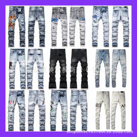 美式潮牌AM青蛇刺绣牛仔长裤男修身水洗浅蓝色直筒裤绣花裤潮男秋