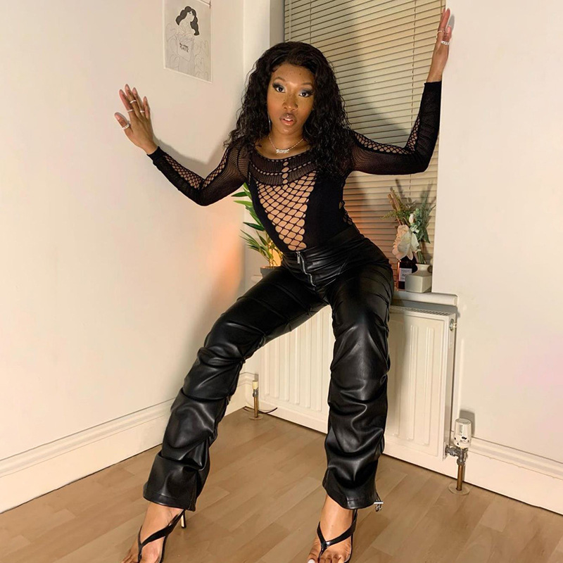 High Waist Pleated Slim Beam Feet Pu Leather Trousers NSYOM111866