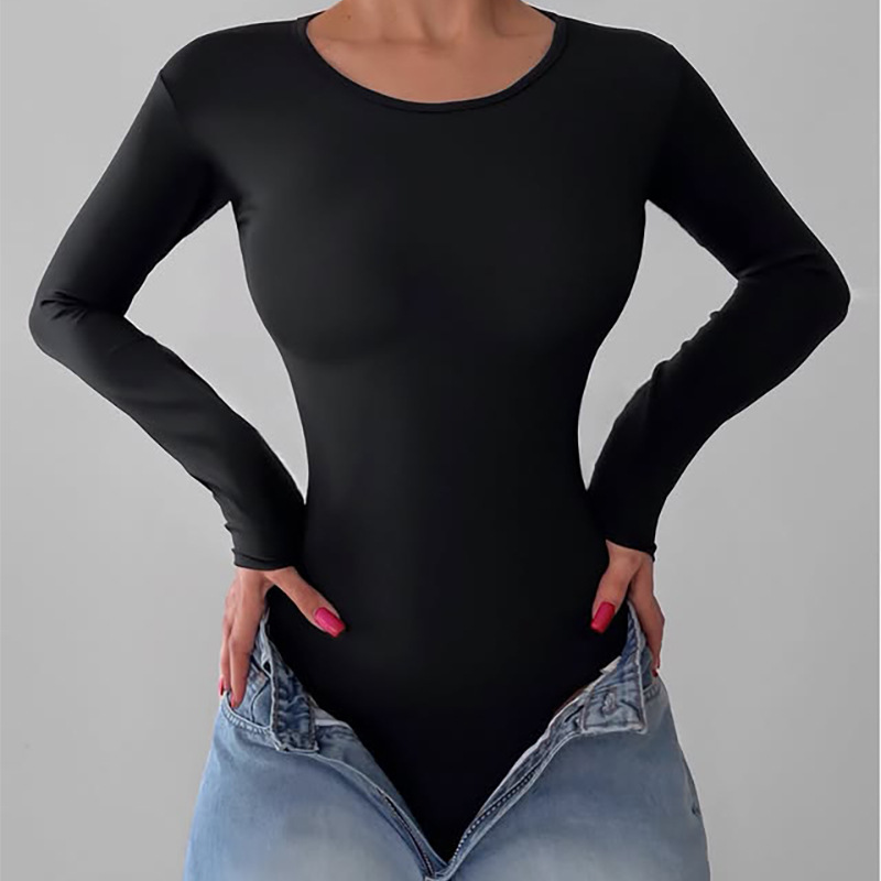 ​​Women's Slim-Fit Long Sleeve Jumpsuit – Elegant Round Neck Solid Color Romper For Office & Casual Wear (Black/White, S-L)​​_ecoleips.com