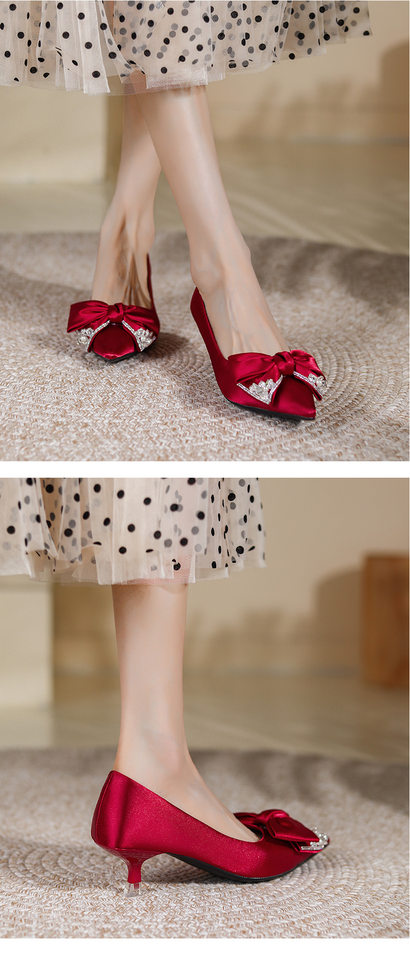 Giày cao gót nữ mũi nhọn gót 3–6 cm chất liệu lụa, giày cưới cho cô dâu — Màu mơ, Màu Đỏ anh đào chi tiết 8