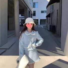 冬季新款甜美减龄娃娃领小香风保暖毛呢外套高腰半身裙两件套装女