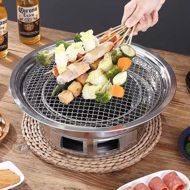Stainless steel outdoor barbecue grill, camping portable charcoal grill, Korean-style charcoal round non-stick grill pan