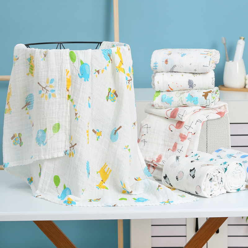 Printed Double-Layer Gauze Wrap Cotton Gauze Baby Swaddle Blanket Summer Blanket Air Conditioning Quilt Super Soft for Babies