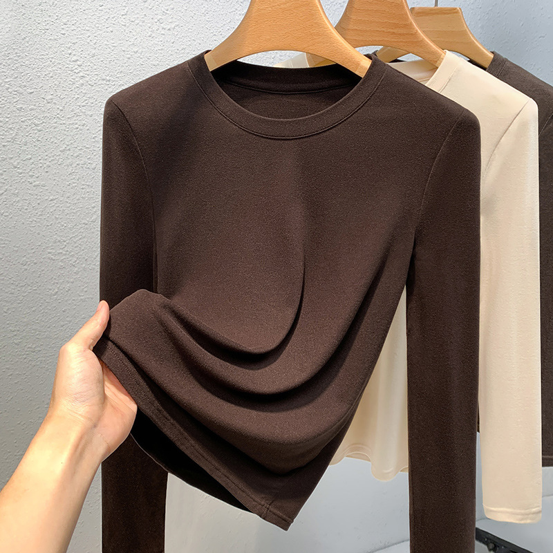 De terciopelo camisa de fondo para las mujeres 2023 nuevas color sólido cuello redondo aminoácidos piel inferior ropa caliente calefacción interior superior