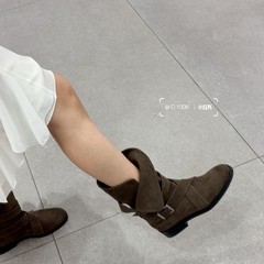 韩版小众绒面粗跟皮带扣粗跟小方头短靴瘦瘦靴女秋冬季西部牛仔靴