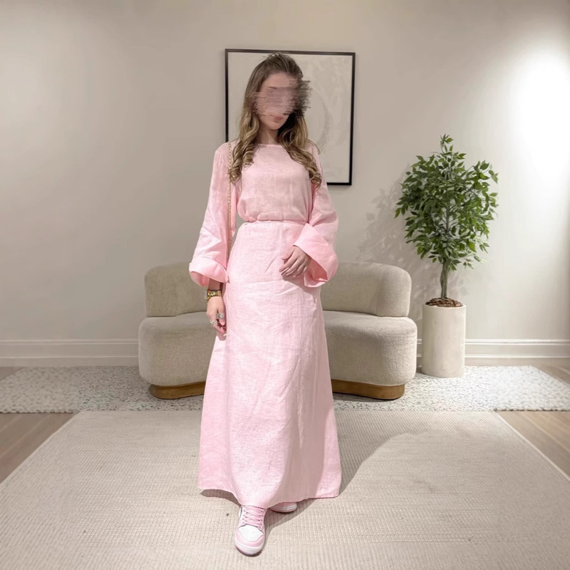 2025 越境貿易ヨーロッパとアメリカの服アマゾンスカートルーズ無地ラウンドネックカジュアル長袖コットンとリネンドレス|undefined
