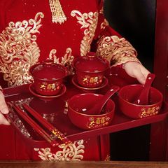 景德镇结婚碗筷套装陪嫁改口敬茶杯红色喜庆对碗喜碗敬酒婚礼用品