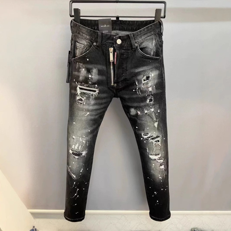 Spring and Summer 2025 New D2 Trendy Men's Washed Grinding Patch Paint Slim-fit Micro-elastic Leg Black Jeans for Men