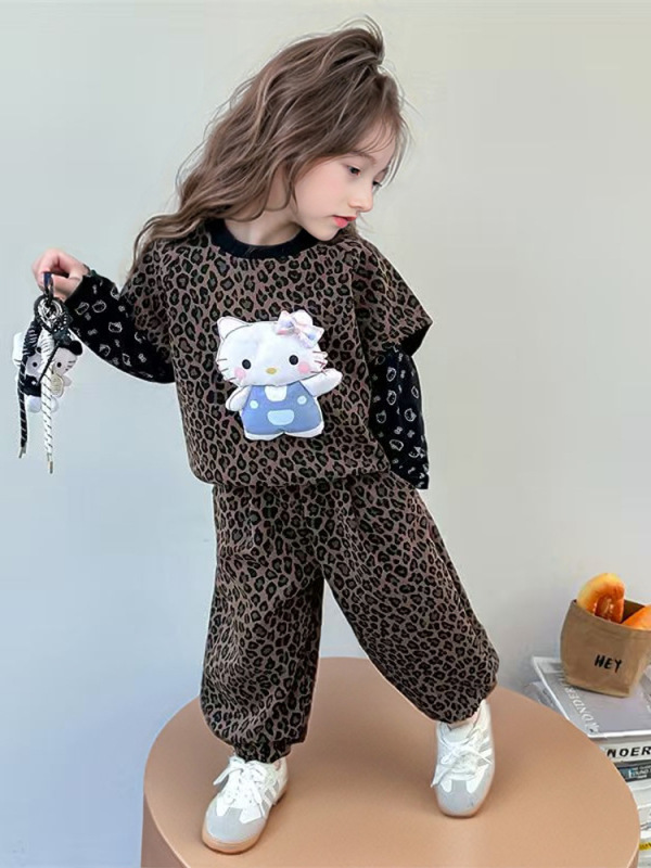 儿童春秋款套装 女童可爱卫衣两件套 宝宝豹纹假两件长袖休闲套装|undefined