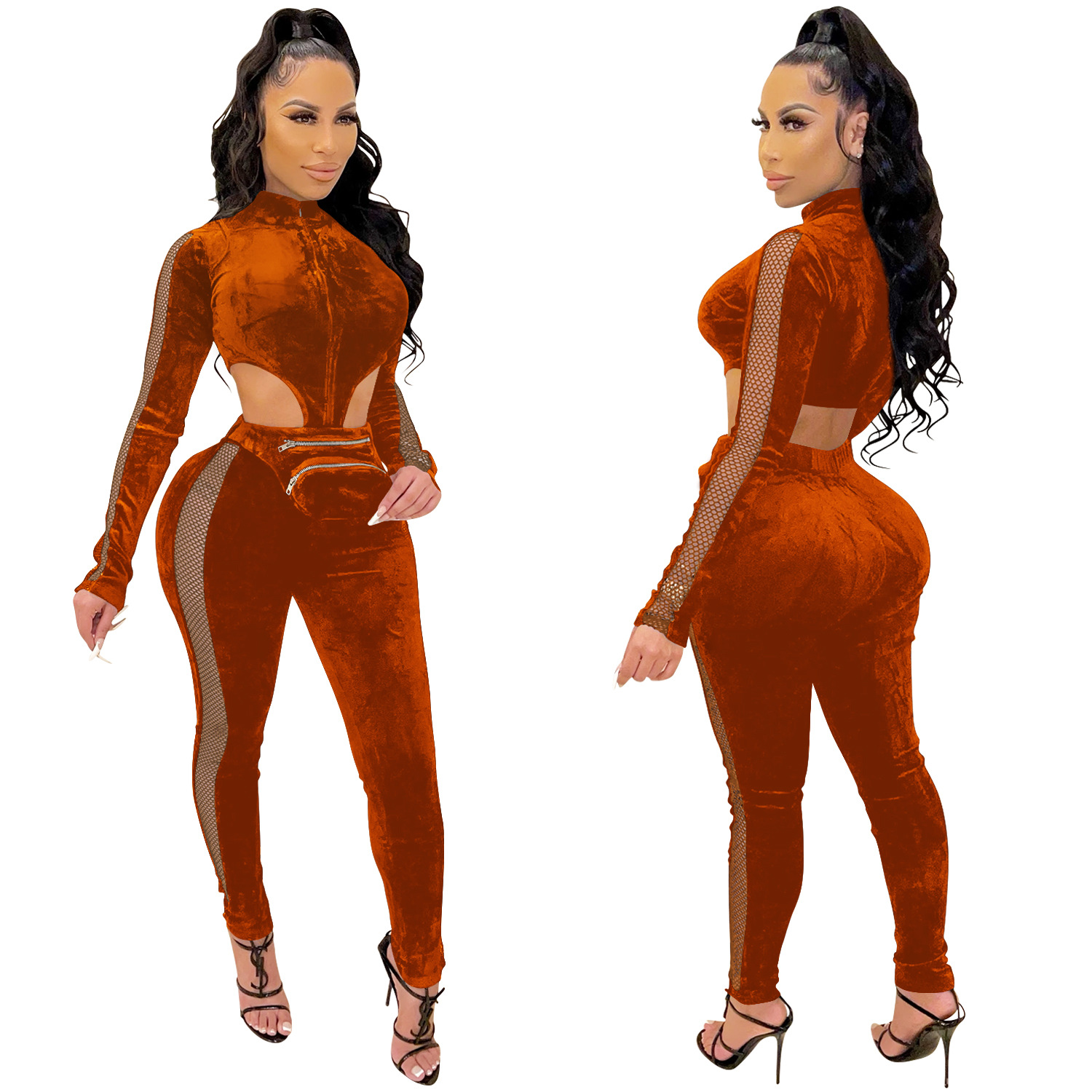 Velet See-Through Zipper Long-Sleeved Hollow Jumpsuit NSFYZ113206