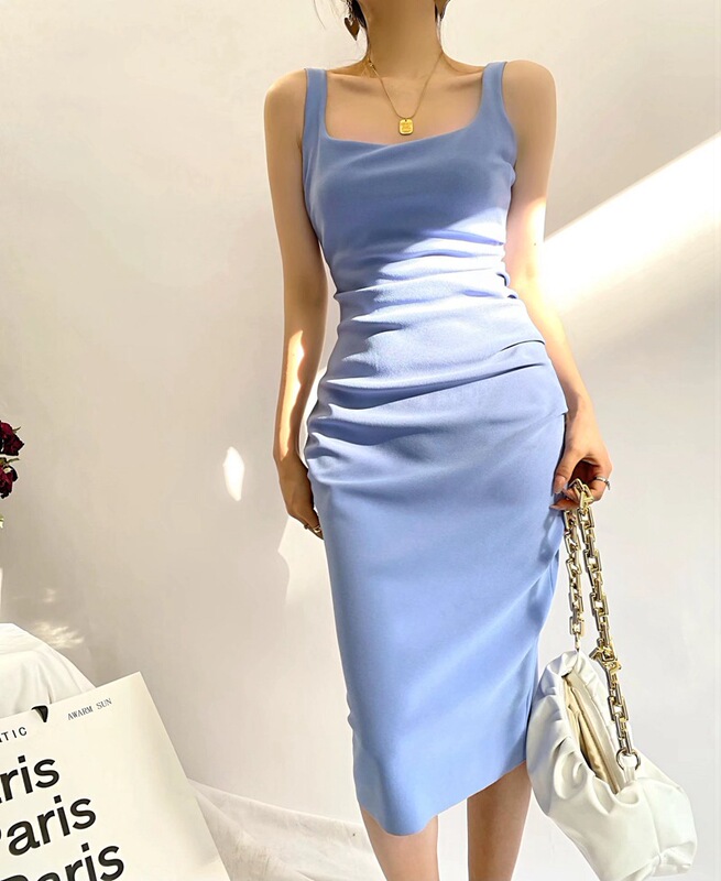 European and American style dress women's 2022 square collar irregular pleated backless sexy tight vest skirt hip skirt