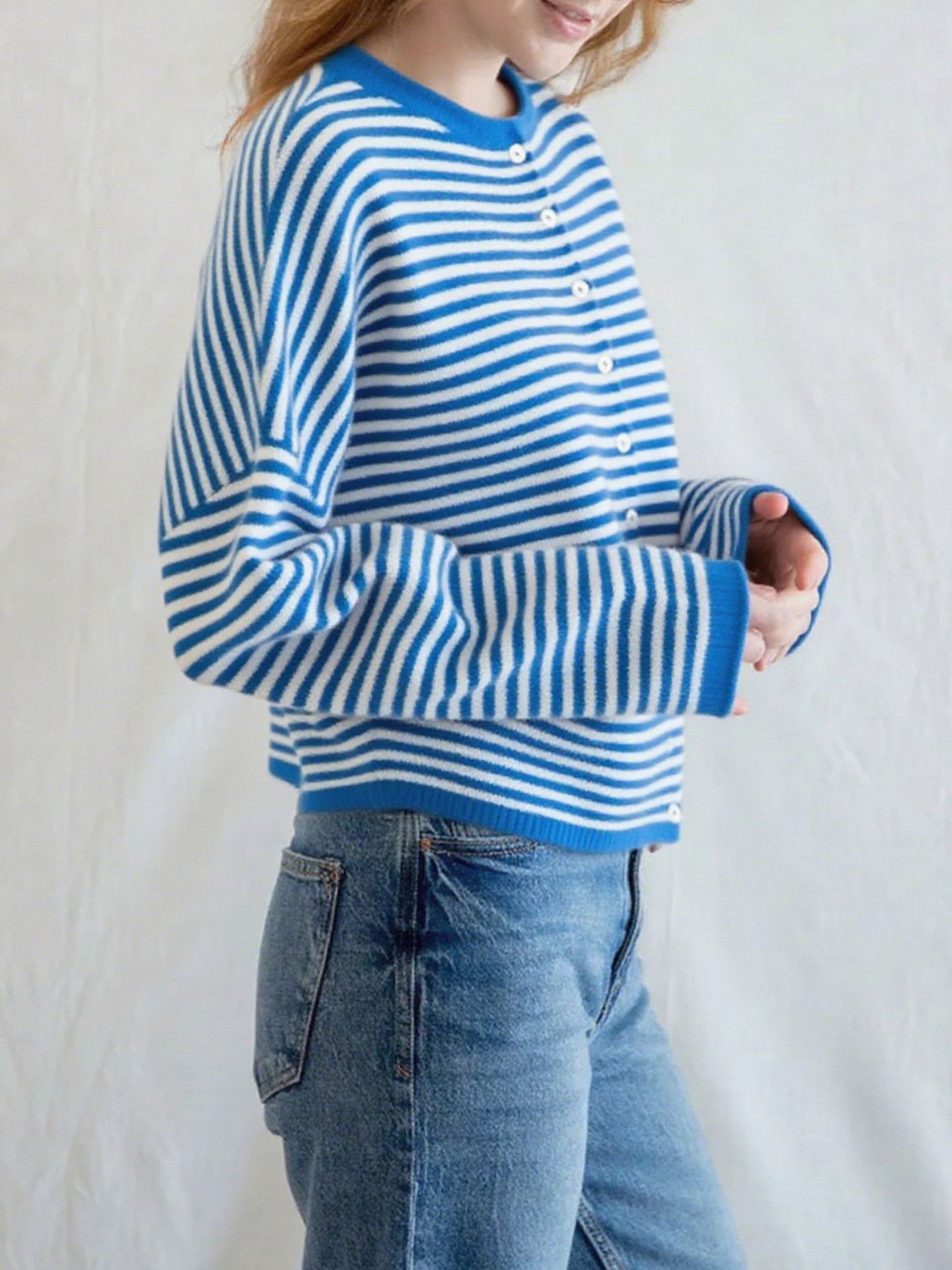 Women's Knit Striped Cardigan Casual Long Sleeve Round Neck Button Sweater Autumn Winter American Style Acrylic Polyester_ecoleips.com