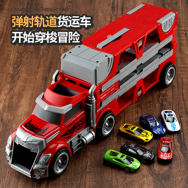 TikTok Explosions Children's Container Truck Engineering Transportation Folding Track Ejection Racing Alloy Car Boy Toy