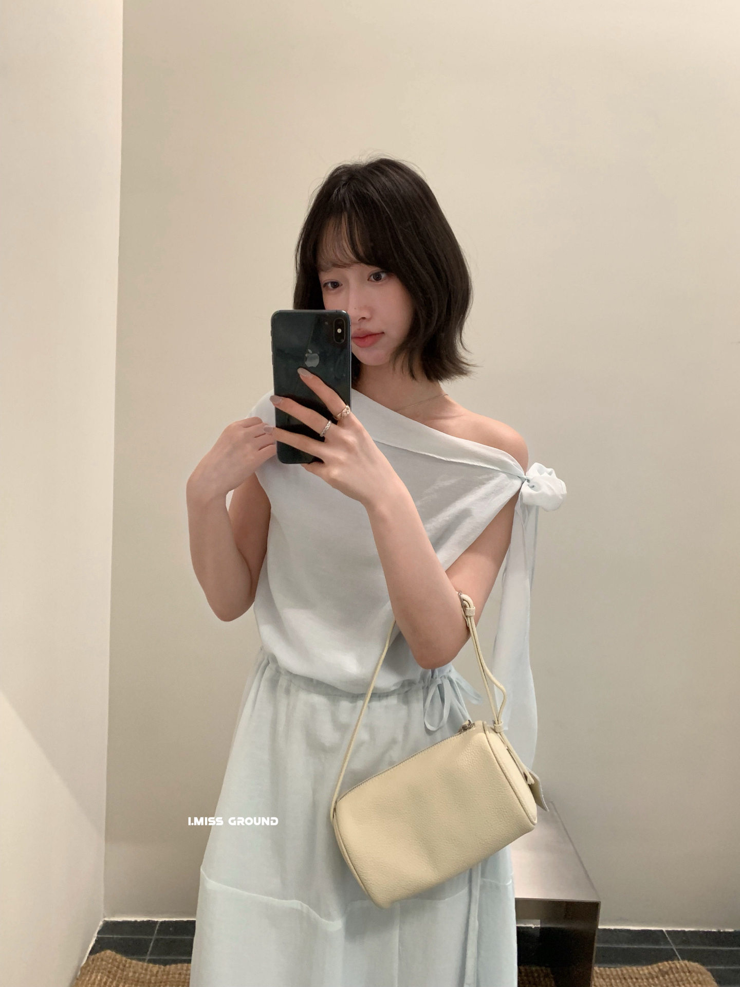 Đầm maxi nữ thắt eo phong cách Pháp cổ điển, tay lệch vai, dáng chữ A, tôn dáng — xanh lam, màu trắng, Bột cam chi tiết 7
