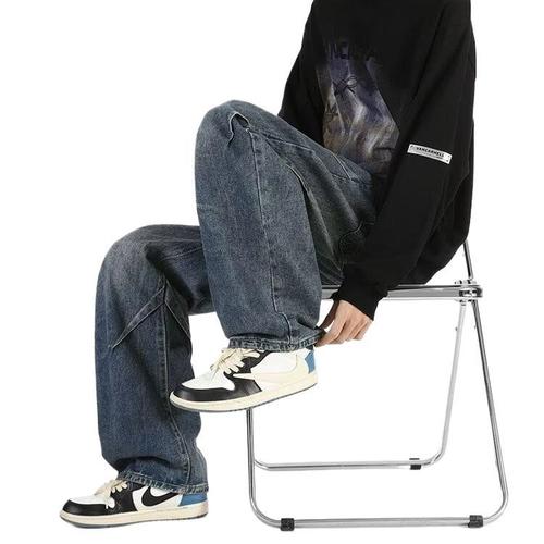 Stitched Denim Pants for Men: Spring/Autumn, Wide-Legged, Flowing Fit, Loose-Fitting, Straight Cut—Niche Design Meets American High-Street Style