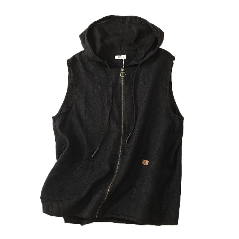 Nuevo artístico retro con capucha de lino cardigan Chaleco de las mujeres casual suelta primavera y otoño costura chaleco sin mangas abrigo corto