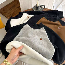 男童冬装一体绒加厚拼色卫衣2025新款中大童加绒宽松韩版洋气上衣