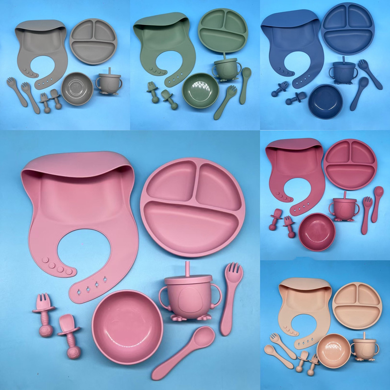 Cross-border Hot-selling Kidsren's Food Supplement Silicone Dinner Plate Bowl Silicone Kidsren's Tableware Set 8-piece Set Anti-fall Feeding Tableware