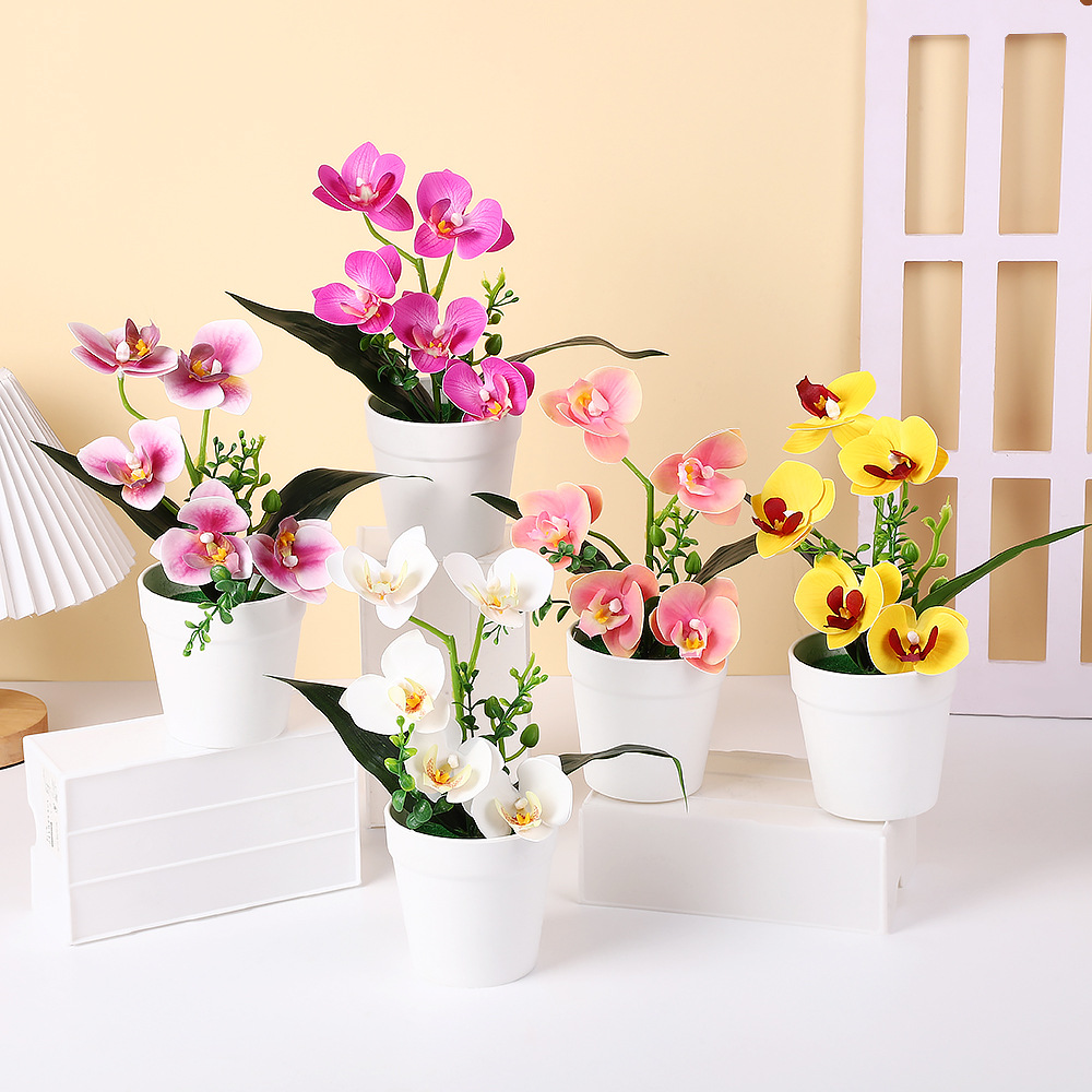 Doble rama 5 flores mariposa orquídea simulación en maceta decoración de oficina pequeña plantación en maceta disparar flores de simulación de bonsai verde