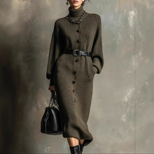 2025欧美跨境独立站新款高领纽扣开衫毛衣秋冬款长袖女装连衣裙