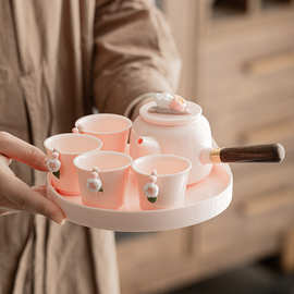 手工拈花粉泥侧把泡茶壶一壶四杯女士茶壶茶杯陶瓷功夫茶具套装