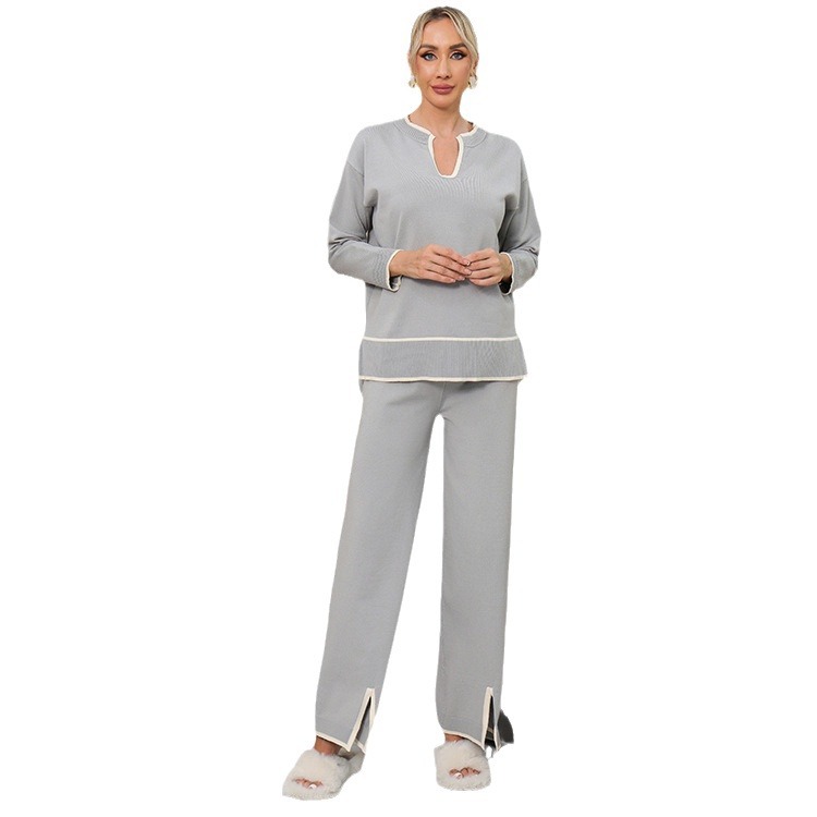 Abbigliamento donna nuova moda autunno e inverno abiti scollo a U manica lunga maglione lavorato a maglia spaccato vita alta pantaloni gamba larga due pezzi_voghion.com