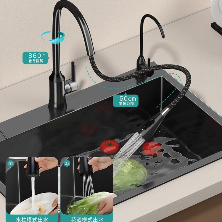Cocina 304 fregadero de acero inoxidable tanque único engrosado a mano bajo la mesa lavabo de verduras doméstico nano negro gran lavabo
