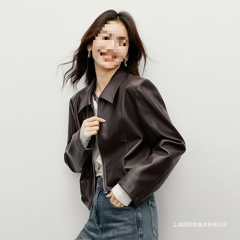 Spring and Autumn New Women's Leather Motorcycle Lapel Jacket Top Leather Jacket Short Regular Shoulder Leather Jacket Trendy