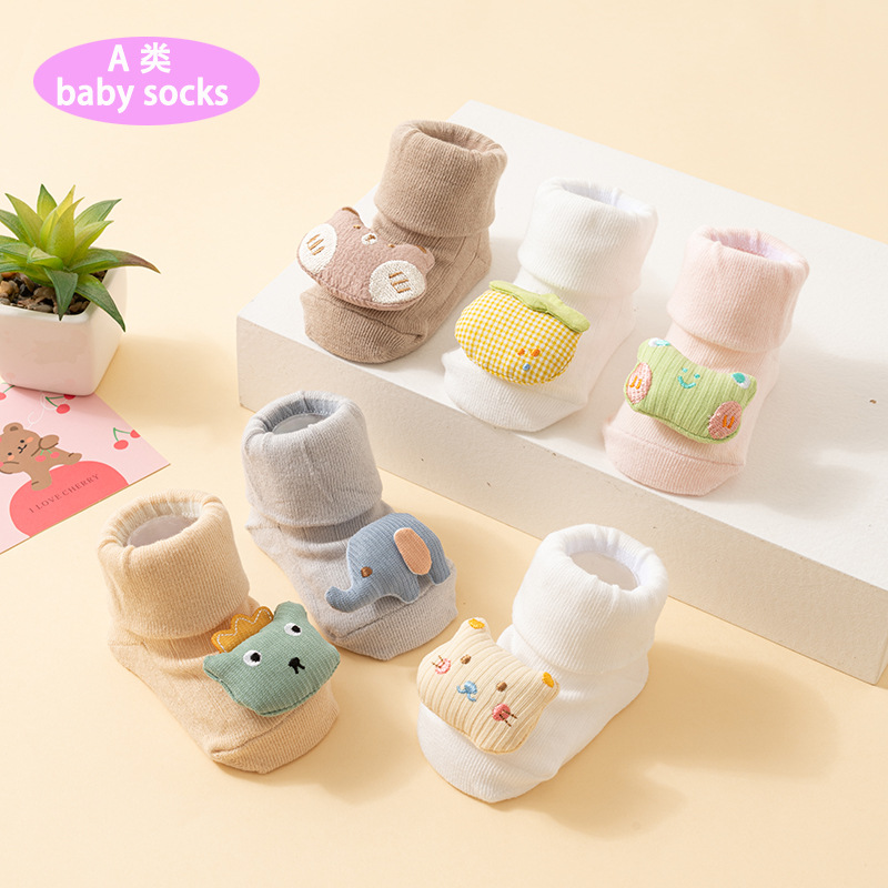 Newborn baby boys and girls, Class A cotton socks, infant and toddler, spring/summer, thin, mid-calf, floor-slip, cool-insulating, learning to walk socks.