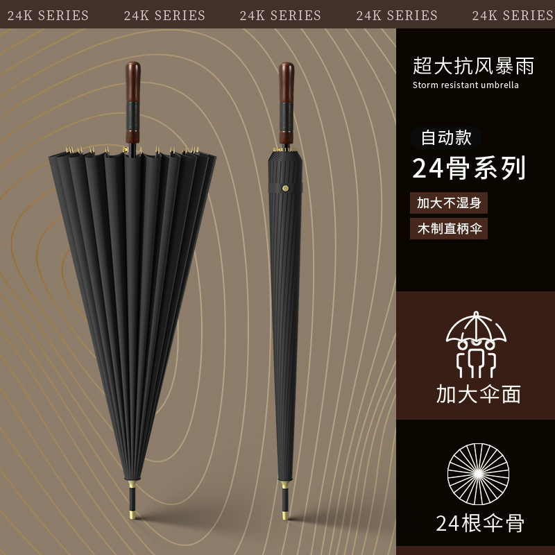 24-Bone Umbrella, Long-Handled Umbrella, Solid Wood Handle, Large Reinforced Storm-Resistant and Strong Business Straight Umbrella with Customized Logo