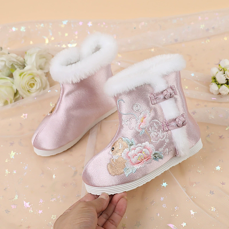 [Медведь] 2023 новые зимние сапоги ханьфу на флисовой подкладке женские сапоги с вышивкой в китайском стиле старинные детские сапоги
