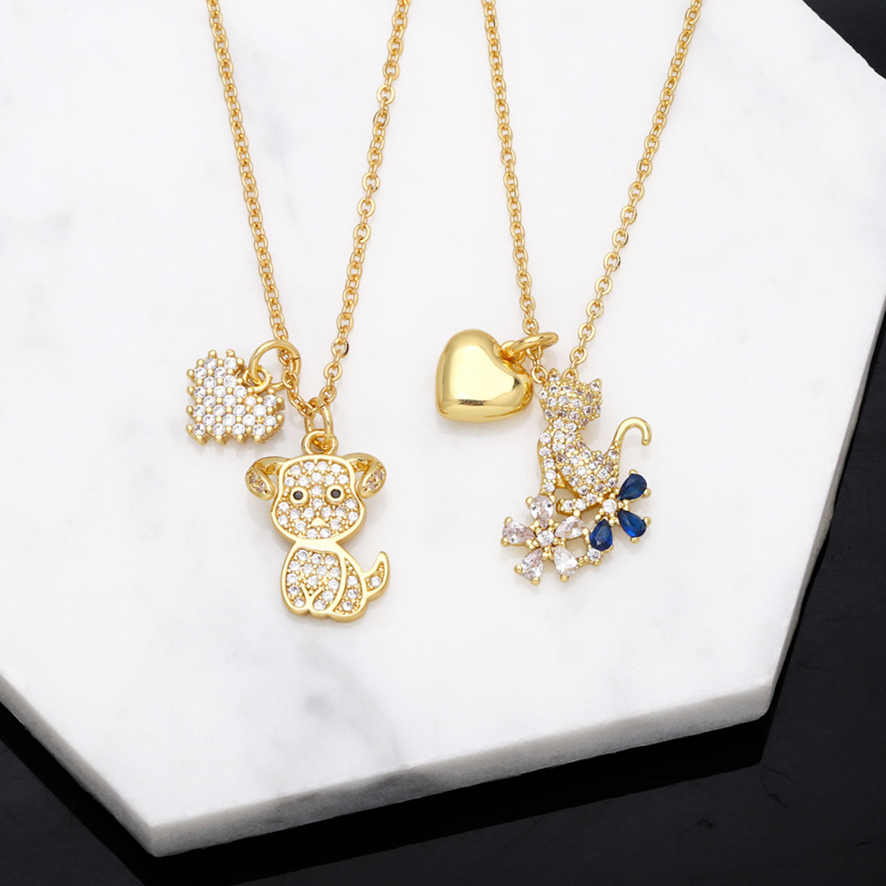 cute animal diamond-encrusted heart shape kitten puppy double pendant copper necklace collarbone cha