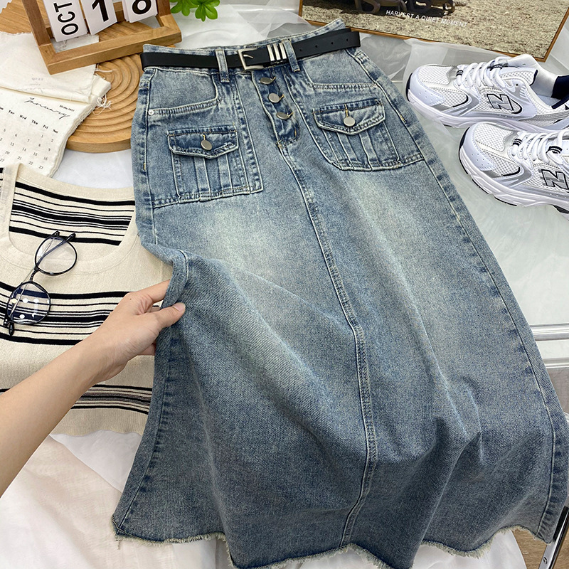 High-Waisted, Slim-Fitting, Tummy-Tucking Denim Skirt with a Back Slit, New Stylish Mid-Length A-Line Skirt