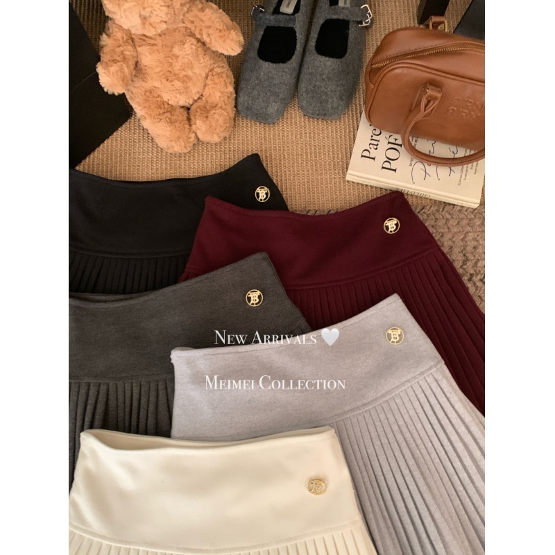 学院风高腰毛呢短裙灰色百褶裙女秋季新款显瘦百搭半身裙A字裙子