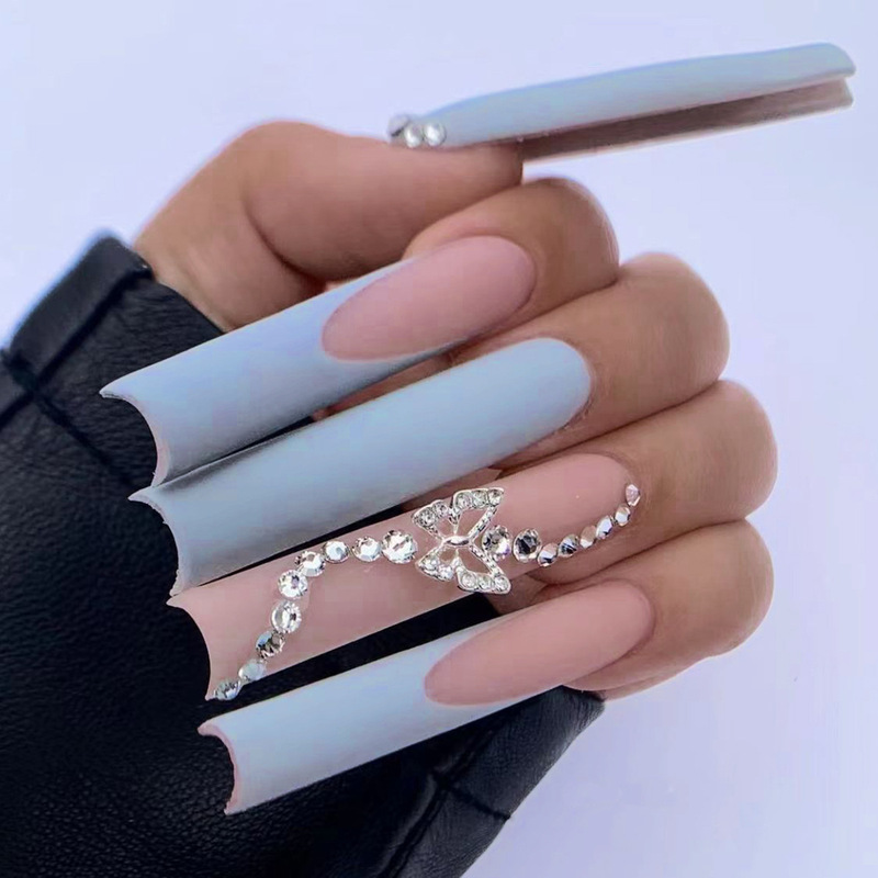 Simple long water pipe French nail butterfly diamond blue wear nail European and American wear nail stickers finished wholesale