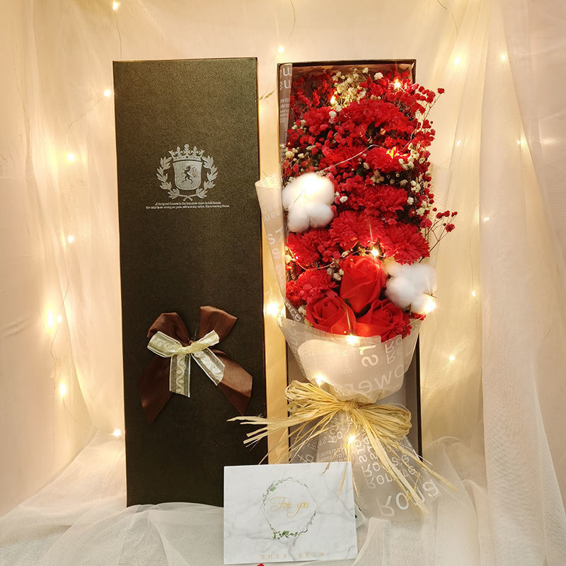 레드 카네이션 안개꽃 48cm 선물 상자-꽃다발+선물 상자+LED 조명