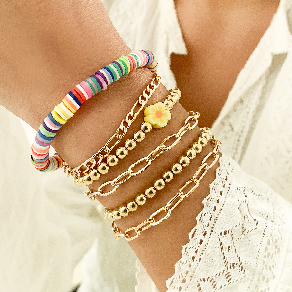 Ethnic Cross Round Bead Set Bracelet Female Soft Clay Colorful Braided Beaded Bracelet display picture 2