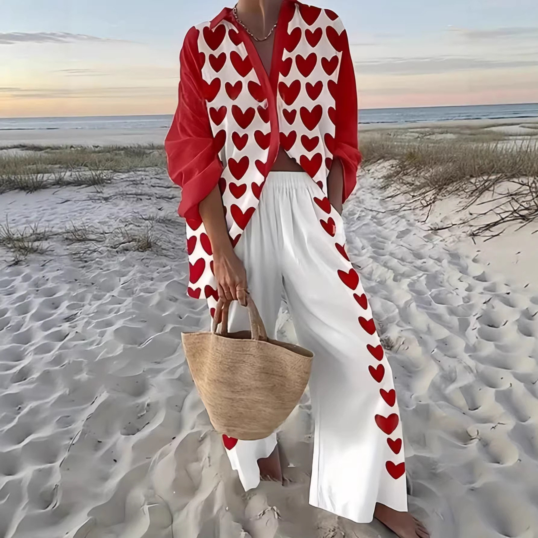 European and American New Style Creative Fish Pattern Casual Suit Loose Sports Wide-Leg Pants Ocean Element Casual Suit Pod