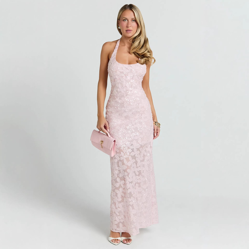 European and American Foreign Trade 2026 Summer New Women's Clothing Pink Sequined Sexy Halter Neck Dress Long Beach Vacation Dress