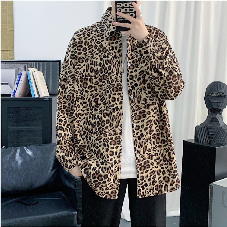 Leopard Print Shirt Men's Loose Long-Sleeved Design Sun Protection Shirt Chiffon Thin Korean Style Retro Handsome Draped Floral Shirt