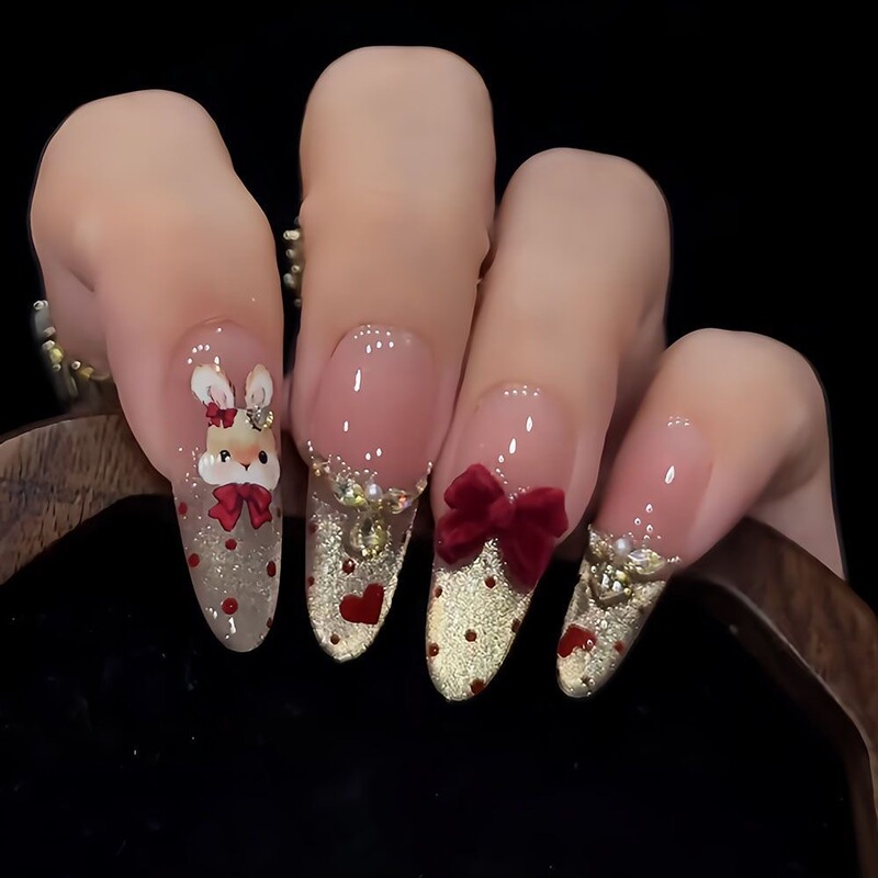 New Dazzling Red Velvet Cute Jade Rabbit Handmade Cat-Eye Press-On Nails for New Year, Elegant and Complexion-Enhancing, Light Luxury and Versatile New Dazzling Red Velvet Cute Jade Rabbit Handmade Cat-Eye Press-On Nails for New Year, Elegant and Complexion-Enhancing, Light Luxury and Versatile