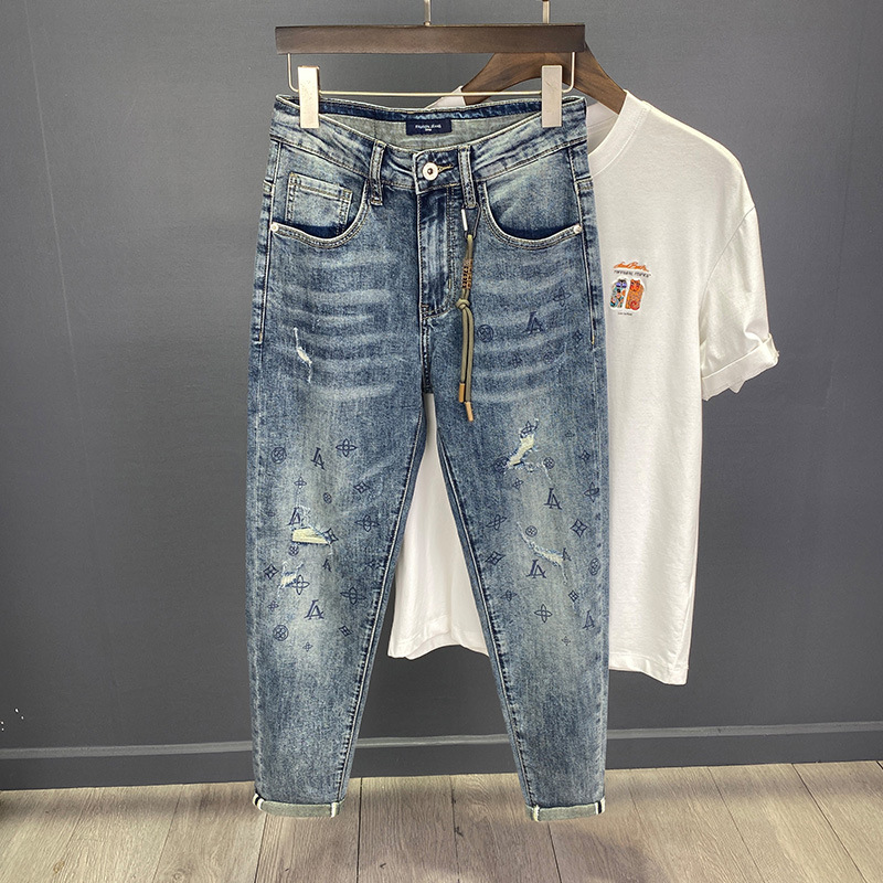 Slim Fit Printed Cropped Jeans For Men Distressed Patched Design_voghion.com