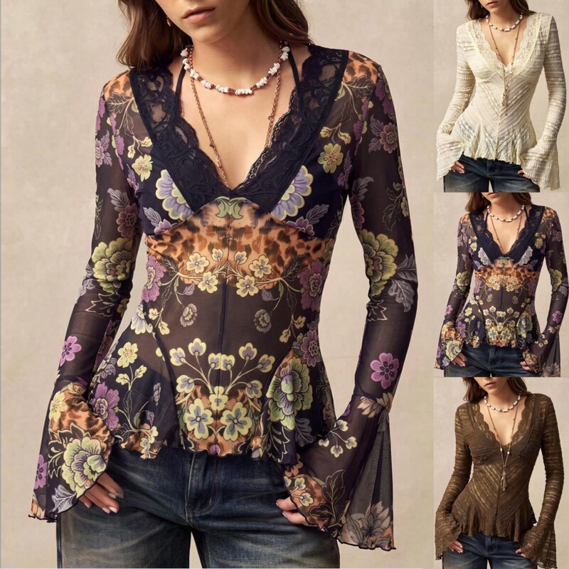 European and American Women's Clothing Amazon 2026 Autumn Hot Girl Sexy V-Neck Hollow Bell Sleeve Slim Lace Blouse for Women