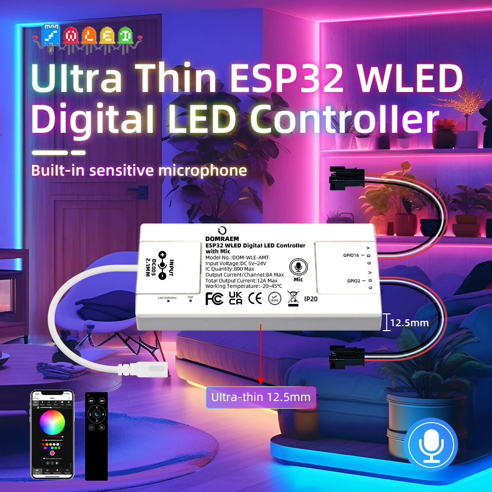 Контроллер светодиодной ленты WLED ESP32 с микрофоном, доступный по адресу, адресуемый SPI LED контроллер phantom
