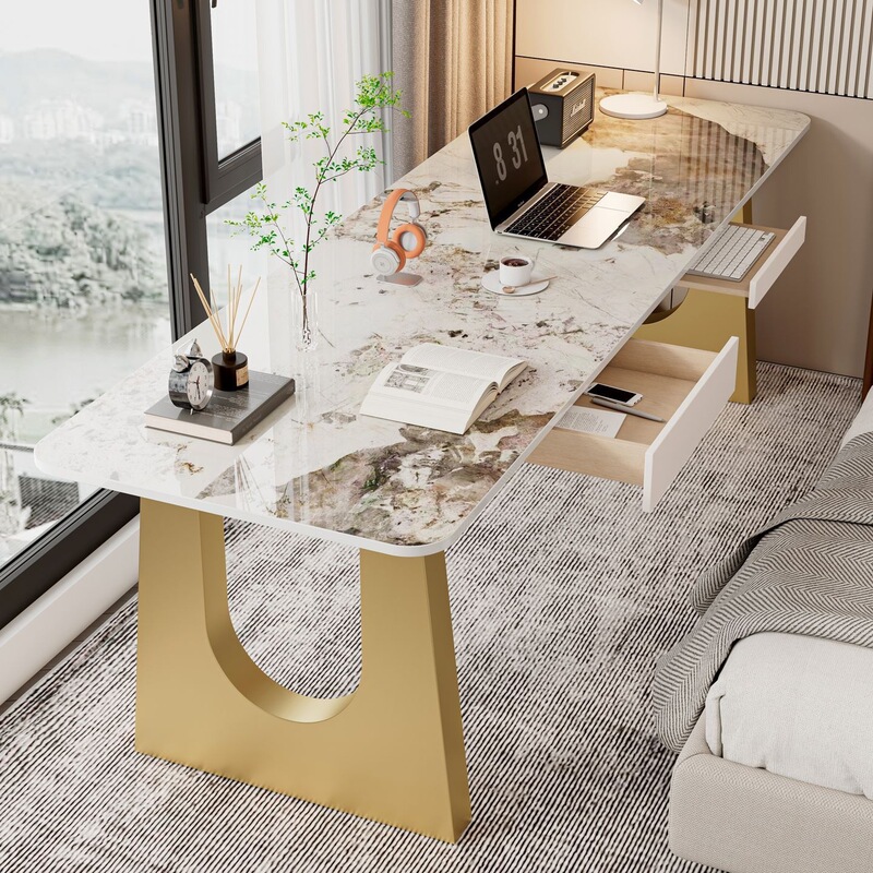 High-end luxury rock slab computer desk, desktop table for bedroom, home use, student writing desk, office desk, tea table High-end luxury rock slab computer desk, desktop table for bedroom, home use, student writing desk, office desk, tea table