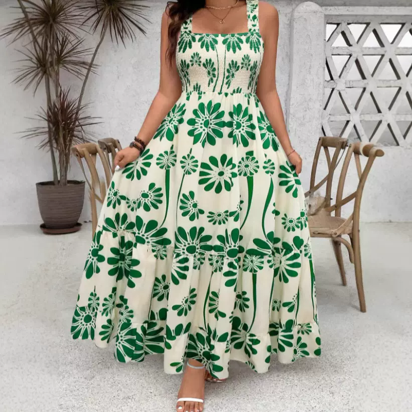 欧美亚马逊女士波西米亚风连衣裙定位花肩带式长裙TEMU大码特大码