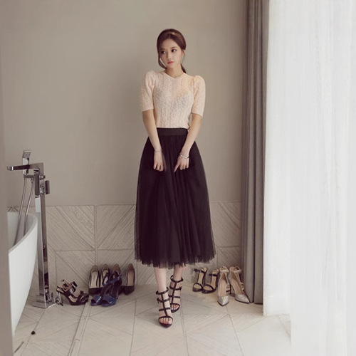 Spring and Autumn Style Three-Layer Net Gown Full Skirt Long Dress Semi-Body Skirt Princess Dress Large Swing Gown Midi Dress Versatile Skirt