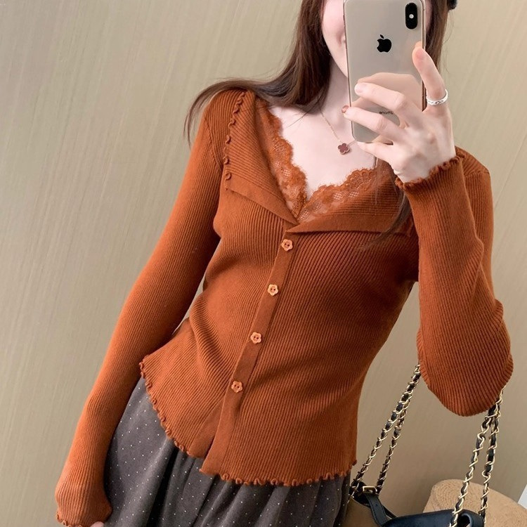 Trendy Lace Two-Piece Base Shirt 2025 Autumn New Korean Style Casual Sweet Temperament Women's Knit Top
